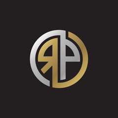 Initial letter RP, looping line, circle shape logo, silver gold color on black background