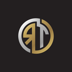 Initial letter RT, looping line, circle shape logo, silver gold color on black background