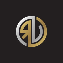 Initial letter RV, RU, looping line, circle shape logo, silver gold color on black background