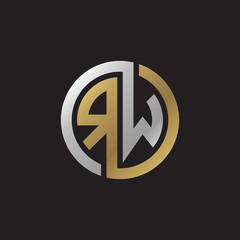 Initial letter RW, looping line, circle shape logo, silver gold color on black background