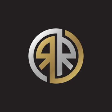 Initial letter RR, looping line, circle shape logo, silver gold color on black background