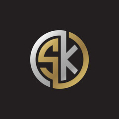 Initial letter SK, looping line, circle shape logo, silver gold color on black background
