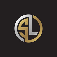 Initial letter SL, looping line, circle shape logo, silver gold color on black background