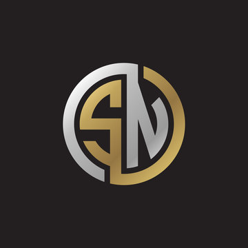 Initial letter SN, looping line, circle shape logo, silver gold color on black background