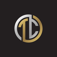 Initial letter TC, looping line, circle shape logo, silver gold color on black background
