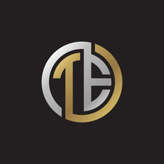 Initial letter TE, looping line, circle shape logo, silver gold color on black background