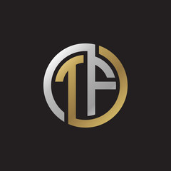 Initial letter TF, looping line, circle shape logo, silver gold color on black background