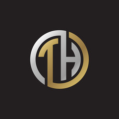 Initial letter TH, looping line, circle shape logo, silver gold color on black background - obrazy, fototapety, plakaty