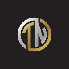 Initial letter TN, looping line, circle shape logo, silver gold color on black background