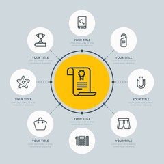 Circle network chart hotel, education, travel infographic template with 8 options for presentations, advertising, annual reports.