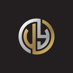 Initial letter UY, looping line, circle shape logo, silver gold color on black background