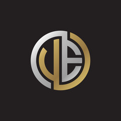 Initial letter VE, UE, looping line, circle shape logo, silver gold color on black background