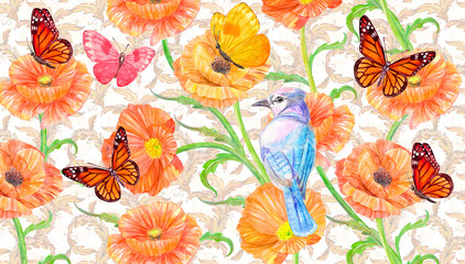 fancy flower texture with butterflies and cute bird. watercolor painting