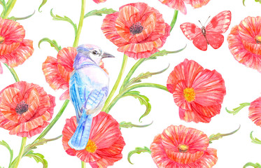 fancy seamless texture with poppies and cute bird. watercolor painting
