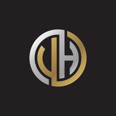 Initial letter VH, UH, looping line, circle shape logo, silver gold color on black background