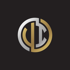 Initial letter VI, UI, looping line, circle shape logo, silver gold color on black background