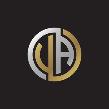 Initial letter VA, UA, looping line, circle shape logo, silver gold color on black background