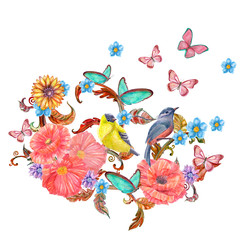 invitation card with abstract floral bouquets with butterflies, birds. watercolor painting.