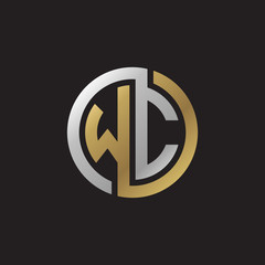 Initial letter WC, looping line, circle shape logo, silver gold color on black background