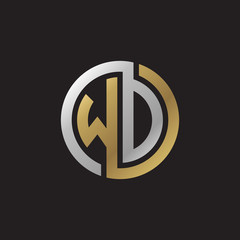 Initial letter WD, WO, looping line, circle shape logo, silver gold color on black background