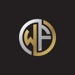 Initial letter WF, looping line, circle shape logo, silver gold color on black background
