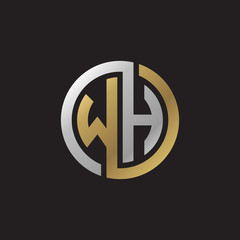 Initial letter WH, looping line, circle shape logo, silver gold color on black background