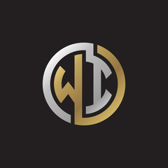 Initial letter WI, looping line, circle shape logo, silver gold color on black background