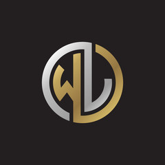 Initial letter WJ, WL, looping line, circle shape logo, silver gold color on black background