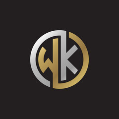 Initial letter WK, looping line, circle shape logo, silver gold color on black background