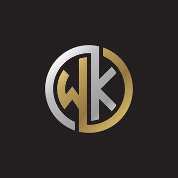 Initial letter WK, looping line, circle shape logo, silver gold color on black background