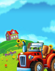 Cartoon farm scene with a tractor - illustration for children