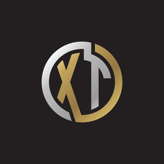 Initial letter XT, looping line, circle shape logo, silver gold color on black background