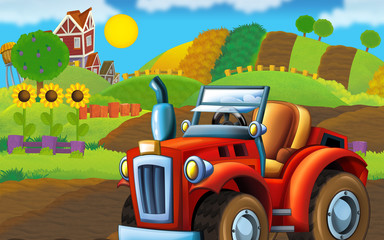 Cartoon scene with farm vehicle - tractor for heavy duty tasks  - illustration for children