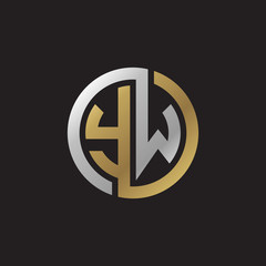 Initial letter YW, looping line, circle shape logo, silver gold color on black background