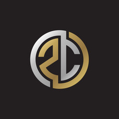 Initial letter ZC, looping line, circle shape logo, silver gold color on black background