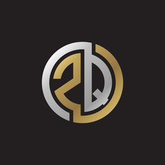 Initial letter ZQ, looping line, circle shape logo, silver gold color on black background