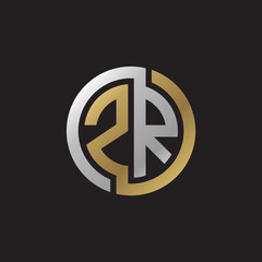 Initial letter ZR, looping line, circle shape logo, silver gold color on black background