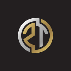 Initial letter ZT, looping line, circle shape logo, silver gold color on black background