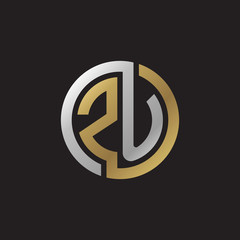 Initial letter ZU, looping line, circle shape logo, silver gold color on black background
