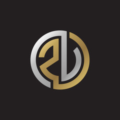 Initial letter ZV, ZU, looping line, circle shape logo, silver gold color on black background