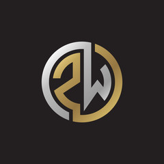 Initial letter ZW, looping line, circle shape logo, silver gold color on black background