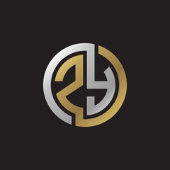 Initial letter ZY, looping line, circle shape logo, silver gold color on black background