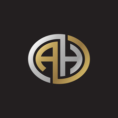 Initial letter AH, looping line, ellipse shape logo, silver gold color on black background