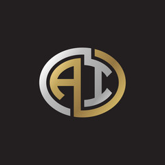 Initial letter AI, looping line, ellipse shape logo, silver gold color on black background