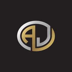 Initial letter AJ, looping line, ellipse shape logo, silver gold color on black background