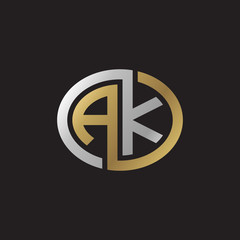 Initial letter AK, looping line, ellipse shape logo, silver gold color on black background