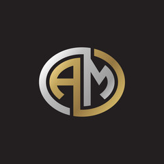 Initial letter AM, looping line, ellipse shape logo, silver gold color on black background
