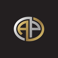 Initial letter AP, looping line, ellipse shape logo, silver gold color on black background