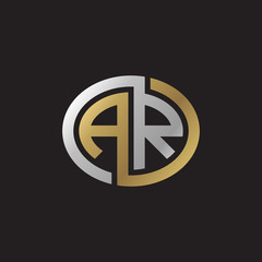 Initial letter AR, looping line, ellipse shape logo, silver gold color on black background
