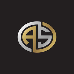 Initial letter AS, looping line, ellipse shape logo, silver gold color on black background